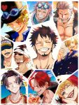  6+boys ^_^ black_hair black_suit blonde_hair blush cigar cigarette clenched_teeth closed_eyes cup donquixote_rocinante earrings facial_hair freckles goatee happy_birthday hat headband heart highres holding holding_cigarette holding_cup hood jewelry koby_(one_piece) makeup male_focus multiple_boys necklace one_piece orange_hair pearl_necklace penguin_(one_piece) pink_hair portgas_d._ace red_hair sabo_(one_piece) sanji_(one_piece) scar scar_on_face shachi_(one_piece) shanks_(one_piece) short_hair sideburns smile smoker_(one_piece) stitched_face stitches suit sunglasses teeth trafalgar_law undercut white_hair zwtpms 