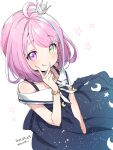  1girl blue_dress blue_hair closed_mouth crescent crescent_pin crown dress green_eyes heterochromia highres himemori_luna himemori_luna_(sundress) hololive kanya_pyi looking_at_viewer medium_hair mini_crown multicolored_hair official_alternate_costume official_alternate_hairstyle pink_eyes pink_hair smile solo star_(symbol) streaked_hair virtual_youtuber white_background 