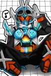  1boy absurdres adjusting_goggles armor black_bodysuit blue_armor blue_helmet bodysuit goggles goggles_on_head gotcha_driver helmet highres kamen_rider kamen_rider_gotchard kamen_rider_gotchard_(series) male_focus musical_note orange_eyes r1der_l0ve solo speech_bubble spoken_musical_note 