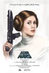  1girl brown_eyes brown_hair carrie_fisher copyright_logo double_bun gun hair_bun highres holding holding_gun holding_weapon hololive hololive_english laura_escobar logo poster_(medium) princess_leia solo star_wars star_wars:_a_new_hope upper_body weapon 