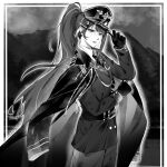  1girl alternate_costume alternate_hairstyle alternate_universe artist_request belt blunt_bangs chinese_commentary coat collared_coat collared_shirt commission fan_hair_ornament genshin_impact gloves hair_ornament hat head_tilt high_ponytail highres holding holding_unworn_clothes holding_unworn_hat jacket long_hair long_sleeves looking_at_viewer looking_to_the_side military military_hat military_jacket military_uniform mole mole_under_eye monochrome multicolored_hair necktie open_clothes open_coat outdoors pants parted_lips peaked_cap ponytail raiden_shogun second-party_source shirt solo standing streaked_hair unworn_hat unworn_headwear upper_body 