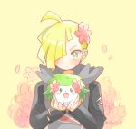  1boy 50218 :d ahoge black_hoodie blonde_hair blunt_bangs blunt_ends blush ear_piercing flower gladion_(pokemon) green_eyes hair_flower hair_ornament hair_over_one_eye hair_slicked_back holding holding_pokemon hood hoodie looking_at_another looking_down male_focus piercing pink_flower pokemon pokemon_(creature) pokemon_sm shaymin smile solo straight-on torn_clothes upper_body 