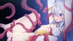  1girl absurdres amane_kanata aobara_hairi blush grey_hair highres hololive long_hair magical_girl mahou_shoujo_holowitch! nipples pussy restrained saliva slime_(substance) spread_legs tentacles thighhighs torn_clothes virtual_youtuber white_thighhighs 