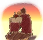 anthro bandage black_body black_fur brown_body brown_fur canid canine canis chad_harman clothing dobermann domestic_dog duo fred_kent fur german_shepherd herding_dog hi_res home_zomewhere_else hug hybrid male male/male mammal mastiff molosser orange_body orange_fur outside pastoral_dog pinscher rottweiler school_uniform sitting sunset uniform zordykeaboo