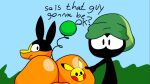 2023 after_vore anthro axel_the_tepig balls barely_visible_balls barely_visible_genitalia beanie big_butt black_ears butt clothing curled_tail dipstick_tail duo english_text feral generation_1_pokemon generation_5_pokemon genitals gesture green_beanie green_clothing green_hat green_headwear green_tail_tip hand_gesture hat headgear headwear huge_butt kasa_beanie kasabeanie_(kasa_beanie) looking_at_another looking_back looking_back_at_another male markings nintendo orange_body pikachu pointing pokemon pokemon_(species) question_mark rear_view shadow_creature tail tail_markings tattooification tepig text vore