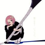  1girl bleach bleach:_sennen_kessen-hen bone_hair_ornament commentary_request hair_ornament holding holding_weapon huge_weapon kusajishi_yachiru nigatsumikka pink_hair purple_eyes sandals shihakusho short_hair smile socks solo squatting translation_request weapon white_socks 