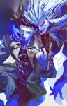  2boys black_hair black_shirt blue_skin brown_coat cigarette coat colored_sclera colored_skin evil_smile gun handgun highres holding holding_cigarette holding_gun holding_weapon jacket long_hair looking_at_viewer male_focus multiple_boys one-punch_man pants pointy_ears pureblood red_eyes shirt short_hair smile smoke smoking spiked_hair trench_coat uu0000322 vampire very_short_hair weapon white_hair zombieman 