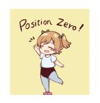  :d arm_up ballet black_leotard blonde_hair blush_stickers border catchphrase chibi chibi_only chinese_commentary closed_eyes commentary_request daiba_nana english_commentary english_text facing_ahead full_body green_ribbon grey_leggings hair_ribbon highres leg_up leggings leotard mabing mixed-language_commentary notice_lines open_mouth parted_bangs ribbon shirt short_hair short_sleeves shoujo_kageki_revue_starlight simple_background smile solo spike_(stagecraft) standing standing_on_one_leg two_side_up white_border white_shirt yellow_background 