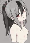  1girl black_choker black_hair black_horns blue_archive breasts bright_pupils choker closed_mouth cropped_torso dated from_side grey_background grey_hair hair_between_eyes halo highres horns kayoko_(blue_archive) looking_at_viewer looking_to_the_side multicolored_hair nipples ponytail red_eyes simple_background small_breasts smile solo tsuki_tokage two-tone_hair white_pupils 
