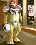 2018 4:5 american_football anthro blaker blue_eyes bulge clothing countershade_crotch countershade_torso countershading felid football_helmet holding_object jersey jockstrap lion male male_anthro mammal mane musclegut muscular muscular_anthro muscular_male overweight overweight_anthro overweight_male pantherine pubes shirt shoulder_pads solo sport standing topwear underwear whisker_spots