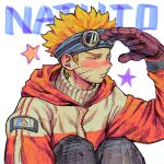  1boy black_gloves black_pants blonde_hair blue_headband blush character_name closed_eyes closed_mouth facial_mark gloves goggles goggles_on_head headband highres hood hooded_jacket jacket long_sleeves male_focus multicolored_jacket naruto_(series) pants short_hair solo star_(symbol) trano_613 two-tone_jacket uzumaki_naruto whisker_markings white_background 