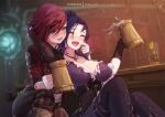  2girls :d arcane:_league_of_legends arm_up artist_name bandaged_arm bandages bangs beer_mug blurry blurry_background blush bottle breasts brown_pants caitlyn_(league_of_legends) character_name cleavage collarbone cup indoors jacket jewelry large_breasts league_of_legends mitsu_(mitsu_art) mug multiple_girls necklace open_mouth pants red_hair red_jacket short_hair sitting smile striped striped_pants teeth upper_teeth vi_(league_of_legends) yuri 