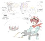  alphamon blush_stickers brown_hair character_request chibi closed_eyes digimon digimon_(creature) digimon_story:_time_stranger duftmon goggles goggles_on_head green_jacket highres holding holding_menu jacket jesmon magnamon male_focus menu multicolored_jacket plutomon red_scarf scarf sleipmon translation_request two-tone_jacket white_jacket ybhk77 yuuki_dan 