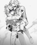  2boys ahoge aotsuki_eito armband blood blood_on_clothes blood_on_face carrying closed_eyes commentary gakuran greyscale highres jacket kittyburger last_defense_academy_school_uniform male_focus monochrome multicolored_hair multiple_boys pants piggyback purple_eyes school_uniform short_hair smile spot_color streaked_hair sumino_takumi sunglasses sweat the_hundred_line_-last_defense_academy- 