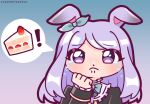  ! 1girl animal_ears aqua_bow aqua_ribbon black_jacket blush bow bowtie cake chibi closed_mouth coat crying crystallizedboo ear_bow ear_ribbon food frilled_coat frilled_jacket frills frown green_bow green_bowtie highres horse_ears horse_girl jacket long_hair long_sleeves looking_at_viewer mejiro_mcqueen_(frontline_elegance)_(umamusume) mejiro_mcqueen_(umamusume) purple_eyes purple_hair ribbon solo speech_bubble tears umamusume upper_body 