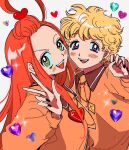  2girls blonde_hair blush chocolat_meilleure earrings fangs green_eyes heart heart_pendant highres jewelry kiri_taberenai long_hair looking_at_viewer multiple_girls necklace open_mouth orange_hair purple_eyes school_uniform short_hair simple_background smile sugar_sugar_rune upper_body vanilla_mieux 