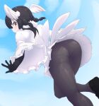  1girl absurdres back bird_girl bird_tail bird_wings black-headed_ibis_(kemono_friends) black_hair blue_sky brown_eyes elbow_gloves feathered_wings gloves head_wings highres jacket kemono_friends long_hair looking_at_viewer looking_back lowlandgorilla outdoors panties pantyhose shoes skirt sky solo tail underwear wings 