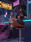 absurd_res alcohol alcohol_bottle anthro areola bar bar_table beverage black_body black_clothing black_footwear black_fur black_hair black_nose boots bottomless bracelet breasts brown_body brown_fur brown_hair canid canine canis city clothed clothing container crossed_legs detailed_background digital_media_(artwork) dobermann domestic_dog ear_piercing ear_ring eyebrows eyelashes female fishnet_clothing fishnet_legwear footwear fur glass hair hand_on_breast hi_res holding_breast holding_object inside jacket jewelry legwear looking_at_viewer mammal mostly_nude neon neon_lights neon_sign night nipples open_clothing open_topwear piercing pinscher pipe ring_piercing seraphimka_(artist) shaded shoes sign sitting smile soft_lighting soft_shading solo tail teeth text topwear yellow_eyes