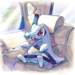  :d blue_skin car_interior colored_skin full_body highres mipokec open_mouth pokemon pokemon_(creature) pokemon_focus red_eyes seatbelt smile solo teeth totodile twitter_username 