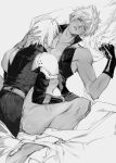  2boys age_difference alina99liang arm_armor arm_up armor between_legs blush cloud_strife coat commentary cum cum_in_pussy cuntboy cuntboy_with_male final_fantasy final_fantasy_vii final_fantasy_vii_advent_children final_fantasy_vii_ever_crisis gloves greyscale half-closed_eyes hand_on_another&#039;s_head hand_on_another&#039;s_thigh height_difference highres licking_another&#039;s_chest lying male_focus monochrome multiple_boys nipples no_armor no_gloves no_pants on_back open_clothes open_vest pauldrons pussy sephiroth sephiroth_(ever_crisis) sex sheet_grab short_hair shoulder_armor spiked_hair spread_legs time_paradox toned toned_male upper_body vaginal vest 