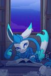 2019 2:3 black_nose blue_eyes bracelet canid canine cape clothing ear_piercing eeveelution eyebrows female feral front_view fuf generation_3_pokemon generation_4_pokemon generation_6_pokemon glaceon grey_body hi_res holding_object hybrid jewelry looking_at_object mammal markings musical_note musical_symbol night nintendo pen_(object) piercing pokemon pokemon_(species) prehensile_ribbon quadruped ribbons_(anatomy) sky solo star starry_sky swablu sylveon symbol white_markings window