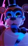 3d_(artwork) animatronic anthro bear black_bow_tie black_clothing black_hat black_headwear black_nose blue_eyes blurred_background bow_tie clothing digital_media_(artwork) ear_piercing ear_ring five_nights_at_freddy&#039;s five_nights_at_freddy&#039;s:_security_breach glamrock_freddy glistening glistening_body glistening_clothing glistening_eyes glistening_nose glowing glowing_eyes half-closed_eyes hat headgear headshot_portrait headwear hi_res machine male mammal narrowed_eyes neon_lights orange_body piercing portrait ring_piercing robot robot_anthro scottgames shoulder_pads solo steel_wool_studios top_hat vincead