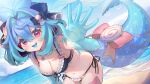  1girl beach bikini black_bow blue_hair blue_tongue bow breasts cleavage colored_tongue fang fins fish_tail gunjou_row hair_bow hair_intakes highres indie_virtual_youtuber jewelry lazuli_(vtuber) navel necklace ocean open_mouth pink_bow purple_eyes scales second-party_source shadow side-tie_bikini_bottom smile solo swimsuit tail tail_bow tail_ornament virtual_youtuber 