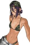  1girl absurdres alternate_costume baseball_cap bikini black_choker breasts camouflage camouflage_bikini camouflage_hat chainsaw_man choker closed_mouth green_eyes hair_between_eyes hat highres navel one_eye_closed purple_hair reze_(chainsaw_man) simple_background small_breasts solo swimsuit tefi_blum white_background 