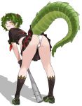  1girl absurdres ass baseball_bat bent_over black_gloves black_shirt black_skirt blunt_bangs breasts crocodile_girl crocodilian_tail crocs crop_top delinquent from_behind full_body gloves green_eyes green_hair green_shoes green_tail grin highres holding holding_baseball_bat ivan_ramirez kneehighs kneepits looking_at_viewer looking_back medium_hair midriff miniskirt neckerchief nitya_nil panties phase_connect pleated_skirt pointy_ears sailor_collar sharp_teeth shirt shoes short_sleeves simple_background skirt smile socks solo spiked_bat tail teeth thick_tail two_side_up underboob underwear virtual_youtuber white_background white_panties 