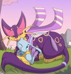 2019 accessory ambiguous_gender anthro biped black_body countershade_face countershade_torso countershading day duo eyebrows feral flower fuf furgonomics generation_1_pokemon generation_5_pokemon grass half-closed_eyes head_lick hi_res holding_object jewelry larger_feral leg_markings liepard long_tail looking_at_another looking_back looking_back_at_another lying lying_on_ground markings meowth multicolored_body narrowed_eyes nintendo on_front on_ground one_eye_closed outside pawpads pink_body pink_nose plant pokemon pokemon_(species) quadruped ring scarf size_difference smaller_anthro socks_(marking) spots tail tail_accessory tail_jewelry tail_ring tree two_tone_body whiskers yellow_body yellow_countershading yellow_markings yellow_spots