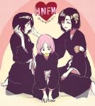  3girls black_hair bleach bleach:_sennen_kessen-hen commentary_request hinamori_momo kneeling kuchiki_rukia kusajishi_yachiru lollipop_in_mouth multiple_girls nigatsumikka pink_hair red_eyes seiza short_hair sitting translation_request 