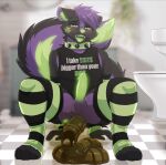 anthro armwear balls bathroom black_body black_clothing black_fur black_shirt black_tank_top black_topwear blurred_background blush butt calypso_(stinky_fen) checkered checkered_floor clothing collar crouching english_text enjoying_the_go erection eye_roll feces feces_on_ground feces_pile floor fur fur_markings genitals glowing glowing_body glowing_fur glowing_genitalia glowing_penis glowing_tongue green_body green_collar green_fur green_inner_ear_fluff green_insides green_nose green_penis green_tongue hair heterochromia inner_ear_fluff lawkie legwear male male_anthro male_pooping mammal markings mephitid narrowed_eyes open_mouth pattern_armwear pattern_clothing pattern_legwear pattern_stockings penis pooping pooping_on_floor profanity purple_body purple_fur purple_hair raised_tail scatplay shirt skunk solo spiked_collar spikes stink_fumes stockings striped_armwear striped_clothing striped_legwear striped_stockings stripes tail tank_top teeth text text_on_clothing tile tile_floor toilet tongue topwear tuft