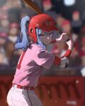  1girl baseball_bat baseball_helmet baseball_uniform batting_stance blue_eyes blue_pants blurry blurry_background commentary_request elbow_pads helmet highres holding holding_baseball_bat hololive hoshimachi_suisei looking_at_viewer medium_hair pants pink_shirt ponytail red_helmet shirt short_sleeves sportswear standing striped_clothes striped_shirt virtual_youtuber waneyeye white_pants 