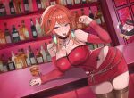  1girl :p absurdres alcohol bar_(place) bare_shoulders black_nails blush breasts brown_pantyhose choker cleavage commentary cross cross_necklace cup detached_sleeves drinking_glass earrings feather_earrings feathers fingernails glass_bottle hair_flaps hair_ornament hairpin heart heart_hair_ornament highres holding_cherry hololive hololive_english jewelry kfp_employee_(takanashi_kiara) large_breasts leaning_to_the_side looking_at_viewer medium_hair miko_4013 miniskirt nail_polish navel necklace official_alternate_costume official_alternate_hairstyle orange_hair pantyhose pencil_skirt pink_eyes red_shirt red_skirt red_sleeves ring rocks_glass shirt skirt sleeveless sleeveless_shirt solo strapless strapless_shirt takanashi_kiara tasty_(takanashi_kiara) tongue tongue_out virtual_youtuber wolf_cut x_hair_ornament 
