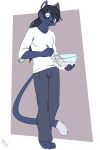2019 2:3 anthro biped black_body black_bottomwear black_clothing black_hair black_nose black_pants bottomwear clothed clothing cooking digitigrade dipstick_tail eyebrows felid front_view fuf hair hi_res holding_object lion long_hair looking_at_object looking_down male mammal markings pantherine pants ponytail shirt simple_background solo tail tail_markings topwear white_clothing white_markings white_shirt white_topwear