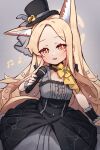  1girl animal_ears black_dress black_hat black_wrist_cuffs blonde_hair blue_archive blush breasts cosplay dress extra_ears fox_ears fox_girl fox_tail halo hat highres holding holding_microphone idol long_hair looking_at_viewer mari_(blue_archive) mari_(blue_archive)_(cosplay) mari_(idol)_(blue_archive) microphone miya_(miyaruta) open_mouth red_eyes seia_(blue_archive) small_breasts solo tail top_hat wrist_cuffs yellow_halo 