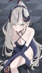  1girl black_horns blue_archive blue_dress blue_gloves blush breasts cleavage cup demon_horns dress elbow_gloves gangjeong gloves gradient_horns grey_hair hair_over_one_eye halo halter_dress halterneck highres holding holding_cup horns large_breasts long_hair looking_at_viewer makoto_(blue_archive) makoto_(dress)_(blue_archive) multicolored_horns multiple_horns official_alternate_costume pointy_ears sitting solo 