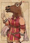  1girl animal_ears arktoons armband belt_pouch bow bowtie breasts dress gloves gold_ship_(red_strife)_(umamusume) gold_ship_(umamusume) grey_hair highres horse_ears horse_girl horse_mask long_hair mask pantyhose photo-referenced pouch red_armband red_bow red_bowtie red_dress sleeveless sleeveless_dress solo striped_armband striped_clothes thigh_strap thumbs_up umamusume white_armband white_gloves white_pantyhose 