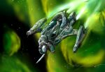  artist_name cloud commentary corvette_(eve_online) english_commentary eve_online flying gallente_federation_(eve_online) glowing green_background green_theme military_vehicle nebula no_humans novafox original outdoors science_fiction space star_(sky) starry_sky_background vehicle_focus 