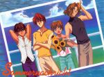  4boys :d absurdres armpits arms_behind_head bird brown_eyes brown_hair cloud day dutch_angle flower fujimiya_ran hidaka_ken highres horizon kudou_youji lineup looking_at_viewer magazine_scan male_focus multiple_boys non-web_source ocean official_art open_mouth outdoors pants photo_(object) red_hair scan seagull shirt sky sleeveless smile sunflower tsukiyono_omi water watercraft weiss_kreuz 