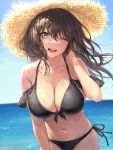  1girl ;d bangs bare_arms bare_shoulders beach bikini black_bikini black_hair blue_sky breasts brown_hair cleavage collarbone commentary day english_commentary eyebrows_visible_through_hair front-tie_bikini front-tie_top guchico hair_between_eyes halterneck hand_in_hair hand_on_own_thigh hand_up hat highres large_breasts long_hair looking_at_viewer navel ocean one_eye_closed open_mouth original outdoors purple_eyes side-tie_bikini sky smile solo stomach straw_hat string_bikini sun_hat swimsuit teeth thigh_gap upper_teeth water water_drop wet 