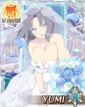  1girl blue_eyes blue_flower blue_petals blue_rose bouquet breasts bridal_veil bride card_(medium) church cleavage dress flower game_cg grey_hair hand_on_own_thigh holding holding_bouquet large_breasts non-web_source official_alternate_costume official_art open_mouth outstretched_arm rose senran_kagura senran_kagura_new_wave smile solo strapless strapless_dress tiara veil wedding wedding_dress white_dress yumi_(senran_kagura) 
