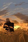  1boy adjusting_scarf backpack bag blue_sky cloud coat ginko_(mushishi) gradient_sky grass hair_over_one_eye highres mushishi nature orange_sky outdoors rokudenaru scarf short_hair sky solo sunset susuki_grass tall_grass twitter_username white_hair 