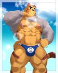 abs animal_crossing anthro biceps black_eyes blush bodily_fluids clothing cloud eyebrows felid fur grey_clothing grey_shirt grey_topwear hi_res male mammal muscular muscular_anthro muscular_arms muscular_male muscular_thighs nintendo nipples pantherine pecs reclamon shirt sky solo sweat sweatdrop tiger topwear tybalt_(animal_crossing) underwear yellow_body yellow_fur