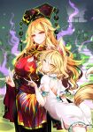  2girls :3 ;) absurdres animal_ears ass aura back_cutout black_nails blonde_hair breasts chinese_clothes cleavage cleavage_cutout clothing_cutout commentary cowboy_shot dress earrings energy eyelashes fox_ears fox_print fox_shadow_puppet fox_tail gold_trim hair_between_eyes highres jewelry junko_(touhou) kudamaki_tsukasa large_breasts lips long_hair long_sleeves looking_at_viewer multiple_girls nail_polish obi one_eye_closed orange_hair phoenix_crown pointy_ears raptor7 red_eyes ribbon romper sash short_hair short_sleeves shoulder_blades sidelocks smile smug stairs standing stone_lantern tabard tail tassel torii touhou white_dress wide_sleeves yellow_eyes yellow_neckwear yellow_ribbon 