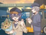  1boy 1girl alternate_costume belle_(zenless_zone_zero) black_choker black_hat black_pants black_shirt blue_hair bouquet brother_and_sister brown_coat building choker coat grey_hair happy hat highres holding holding_bouquet horn_speaker long_sleeves motor_vehicle moyaoyaoyaoyao_r open_mouth outdoors pants procreate_(medium) shirt short_hair siblings sunglasses sunset tongue van waving wise_(zenless_zone_zero) zenless_zone_zero 