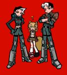  1boy 2girls bat_signal batman_(series) batman_symbol black_bodysuit black_gloves black_hair blue_eyes bodysuit dc_comics dual_persona genderswap genderswap_(mtf) gloves grey_bodysuit highres jason_todd multicolored_bodysuit multicolored_hair multiple_girls muscular muscular_male oc_x_canon open_clothes original pants red_hood_(dc) red_hood_and_the_outlaws rfnyn17381 short_hair superhero_costume taut_bodysuit two-tone_bodysuit 