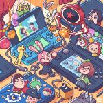  1boy 2girls absurdres animal_costume arcade_bunny artist_name bag bird black_eyes black_hair boxboy! brown_hair buck_teeth cable cat charger chibi closed_eyes crane_game curtains eshop_bag flipnote_studio food froakie frog_(flipnote_studio) fruit game_boy game_console glasses handheld_game_console hat highres holding holding_handheld_game_console holding_sword holding_weapon indoors isometric jibanyan kirby looking_up lying mallo_(pushmo) mii_(nintendo) mini_person minigirl multiple_boys multiple_girls nikki_(swapnote) nintendo nintendo_3ds nintendo_badge_arcade nintendo_ds nintendo_eshop nintendo_switch on_back open_mouth parrot pencil poke_ball poke_ball_(basic) pokemon pokemon_(creature) pokemon_xy pushmo_(series) rabbit rabbit_costume red-framed_eyewear red_shirt resting rhythm_tengoku screen shirt short_hair skirt sleeping smile snailianz star_(symbol) stylus suit surprised swapnote sword teeth weapon youkai_watch 