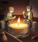  2girls :d :o black_hair black_pants black_skirt breasts brown_eyes brown_hair calendar_(object) campfire candle candle_snuffer coat commentary cup dark eraser eye_contact green_coat grey_hoodie hand_on_lap hashi holding holding_cup hood hood_down hoodie long_sleeves looking_at_another matchbox medium_breasts mini_person minigirl mug multiple_girls november open_clothes open_coat open_mouth original pants pantyhose pencil raised_eyebrows red_pantyhose ribbed_sweater shirt short_hair side-by-side sidelocks skirt small_breasts smile star_(symbol) sweater turtleneck turtleneck_sweater warming_hands white_shirt white_sweater 