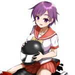  1girl bow bowtie breasts collarbone commentary_request helmet highres holding holding_unworn_helmet iroyoridori kasu_kazu large_breasts looking_at_viewer motor_vehicle motorcycle motorcycle_helmet nijihara_mizuki on_motorcycle open_mouth pleated_skirt purple_eyes purple_hair red_sailor_collar red_skirt sailor_collar school_uniform serafuku shirt short_hair simple_background sitting skirt smile solo unworn_headwear unworn_helmet white_background white_shirt yellow_bow yellow_bowtie 